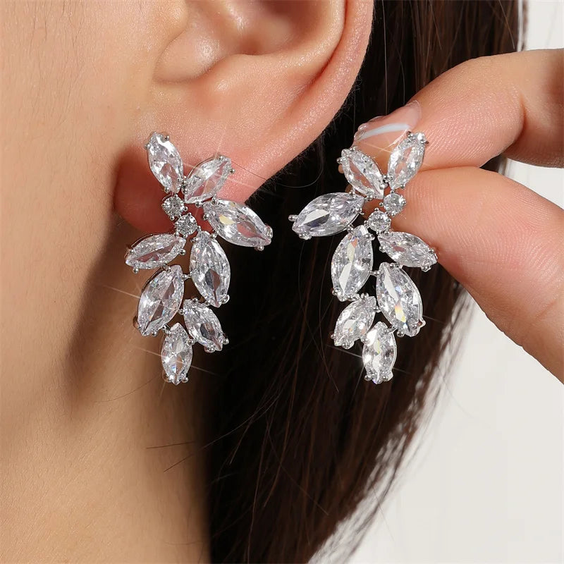 ZAKOL Luxury Leaf Marquise Zircon Bridal Earrings for Women White Shiny Crystal Elegant Wedding Party Jewelry