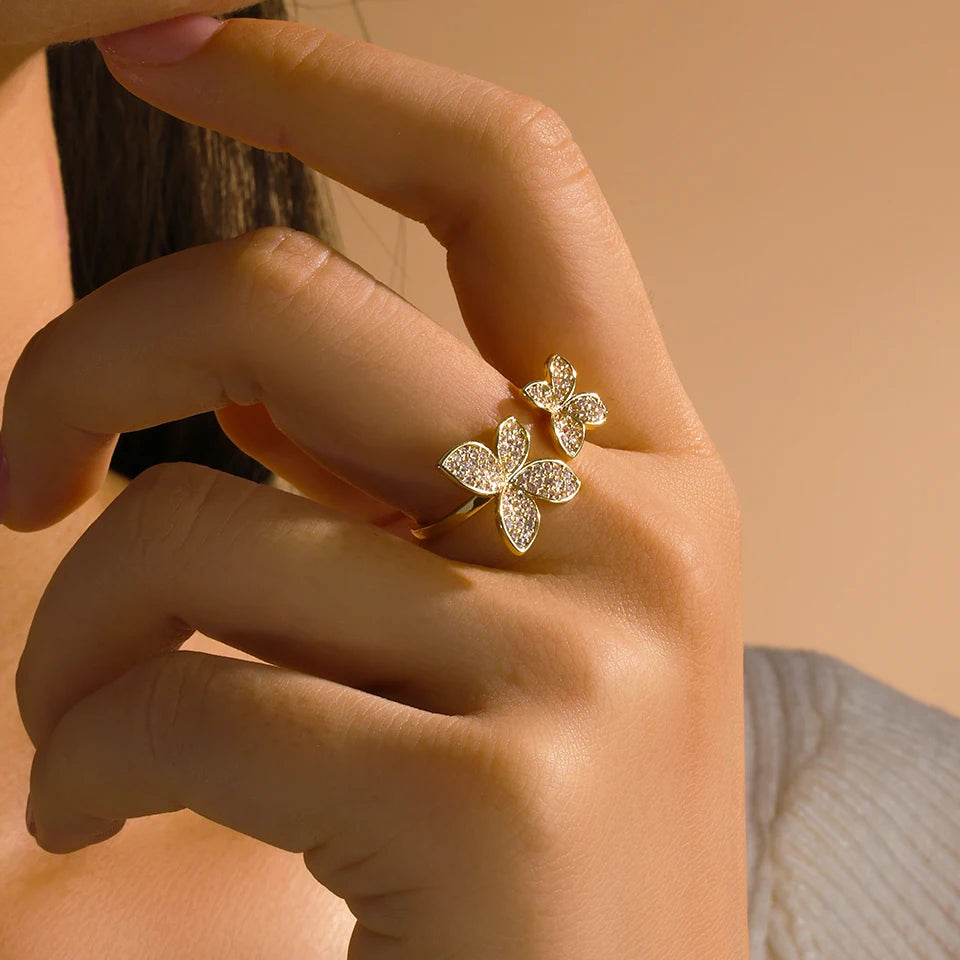 ZAKOL Luxury Sparkling Leaf Flower Micro-paved Zirconia Open Rings for Women Delicate Bridal Wedding Jewelry RP2034