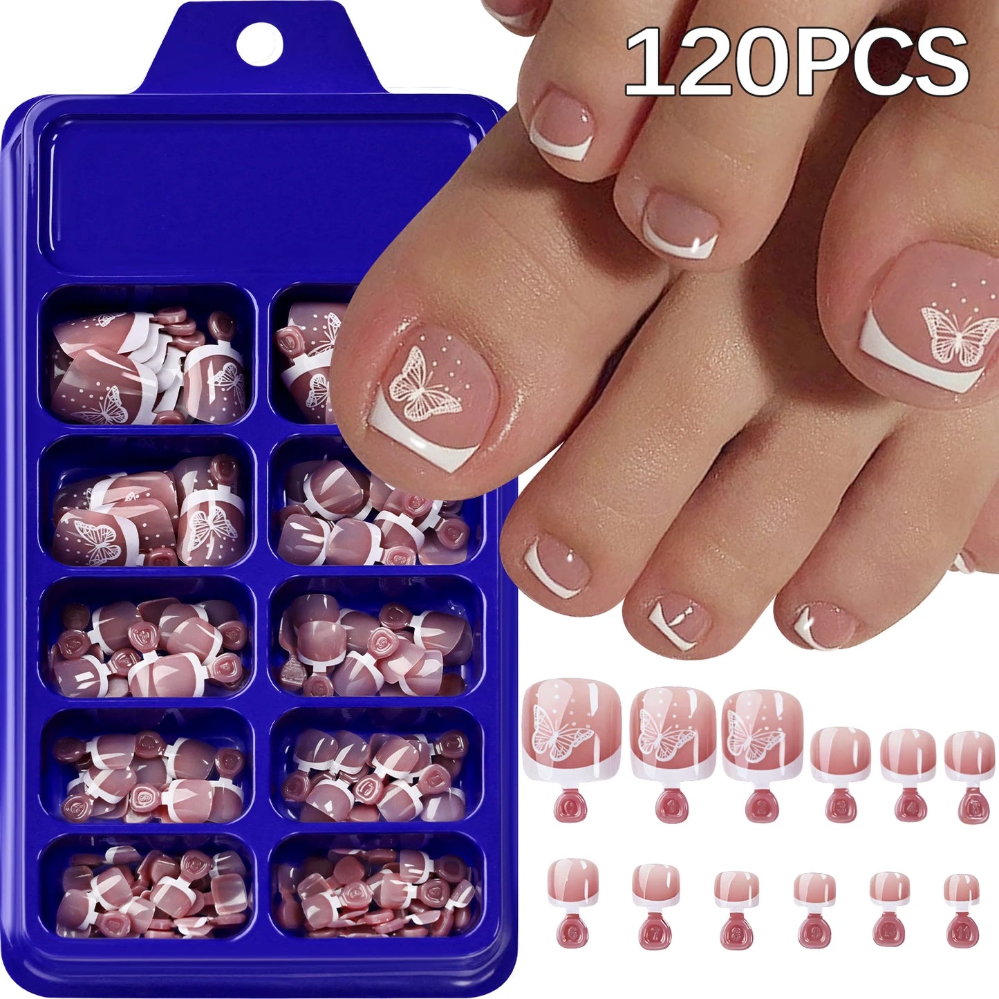 120Pcs Bronzing White Butterfly Design Fake Toenail Short Square Full Cover French False Toe Nails Summer Press On Toenails