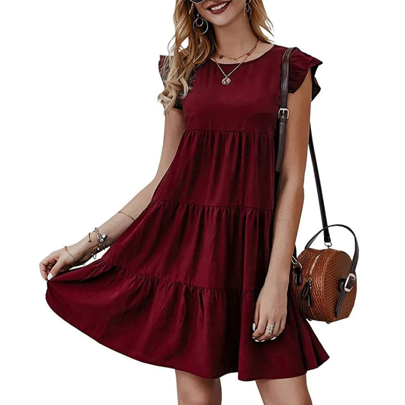 Women Elegant Ruffle Mini Dress Casual Solid O Neck Beach Party Sundress Simple Chic Loose Short Dress Vintage Harajuku Vestido