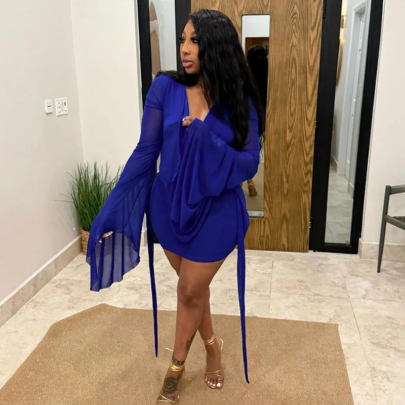 BKLD Solid Color 2026 New Women's Clothing Mesh Swinging Collar Long Sleeve Open Back A-line Short Dresses Party Clubwear
