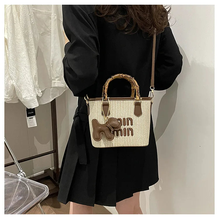 2025 New Spring Fashion Contrasting Straw Bamboo Joints Basket Bag Bucket Bag Hand-held Shoulder Diagonal Bag