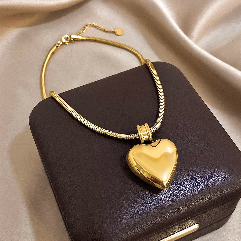 Punk Chunky Women's Set Jewelry Gold Color Thick Chain Heart Pendant Stainless Steel Necklace Bracelets Set Fashion Jewelry