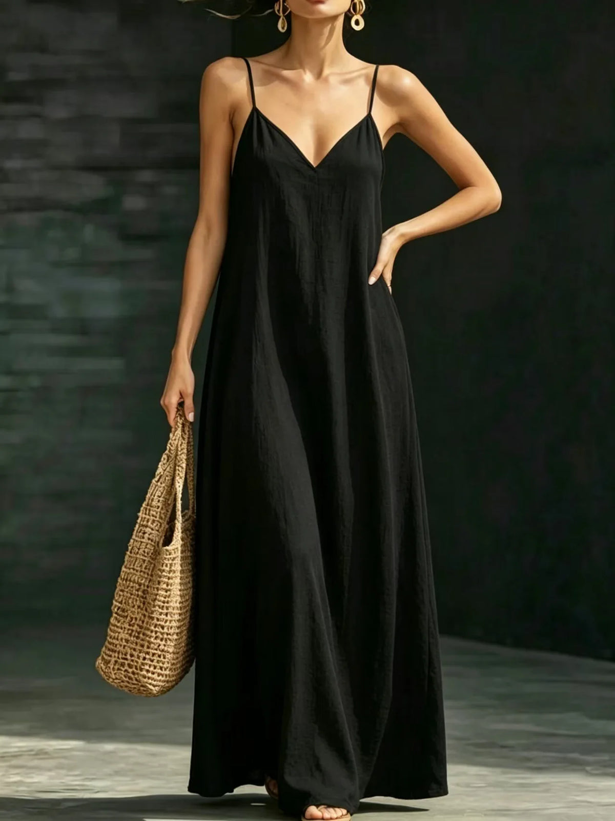 Women Linen Spaghetti Strap Maxi Dress V Neck Loose Swing Long Dress With Pockets Casual Summer Beach Vacation Sundress Ladies