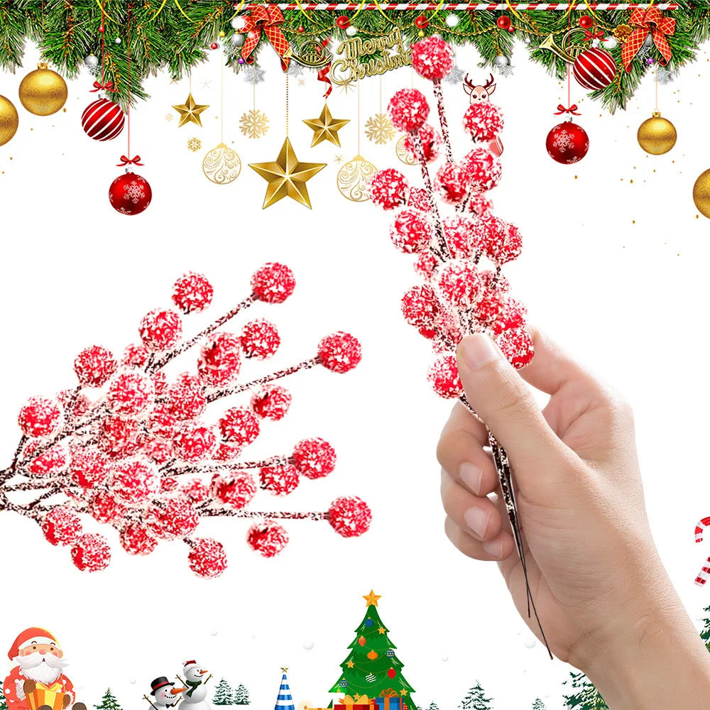 10pcs Artificial Red Berry Stems with Snow Frosted Branches - Winter Wonderland Christmas Decorations,for Christmas Decor