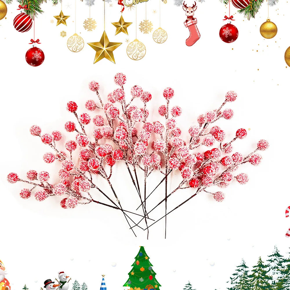 10pcs Artificial Red Berry Stems with Snow Frosted Branches - Winter Wonderland Christmas Decorations,for Christmas Decor