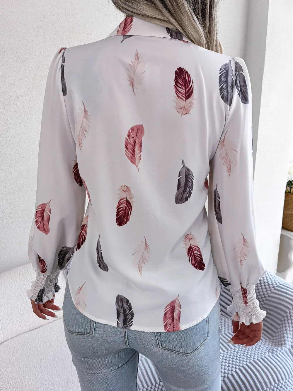 Women's Casual Feather Print Long Sleeve Office Lady Shirts for Autumn Turn Down Collar Buttons Woman Clothing White Pink Blue