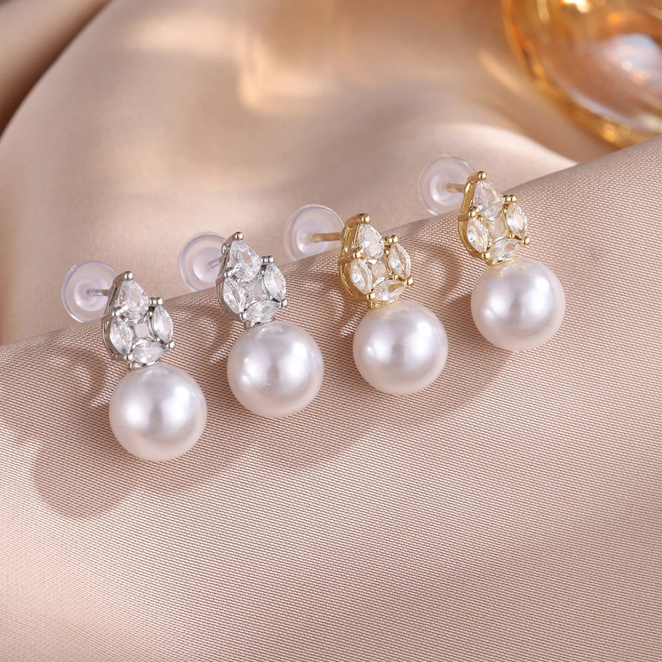 ZAKOL New Simple Water Drop Zircon Imitation Pearl Stud Earring for Women Exquisite Bride and Bridesmaid Wedding Jewelry