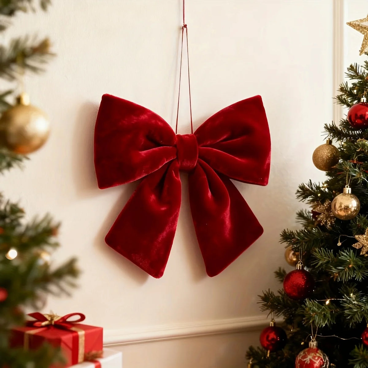 1PC Christmas Wreath Red Velvet Bows Xmas Tree Ornaments Hanging Pendant Large Bowknot for Wedding Festive Home Party Decoration