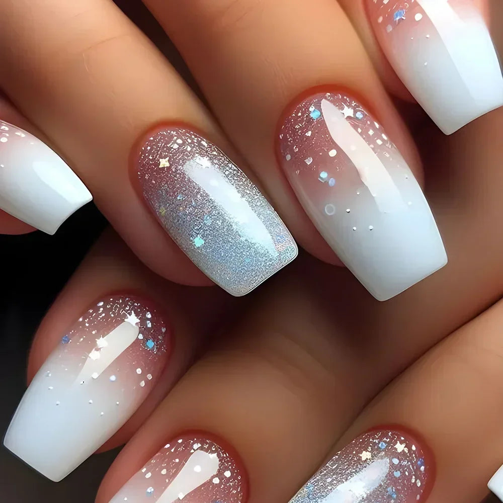 24Pcs Ladder-shaped Ballet False Nails with Glue Stripe Floral Nail Art Ombre French Press on Acrylic Nail Tips for Spice Girls