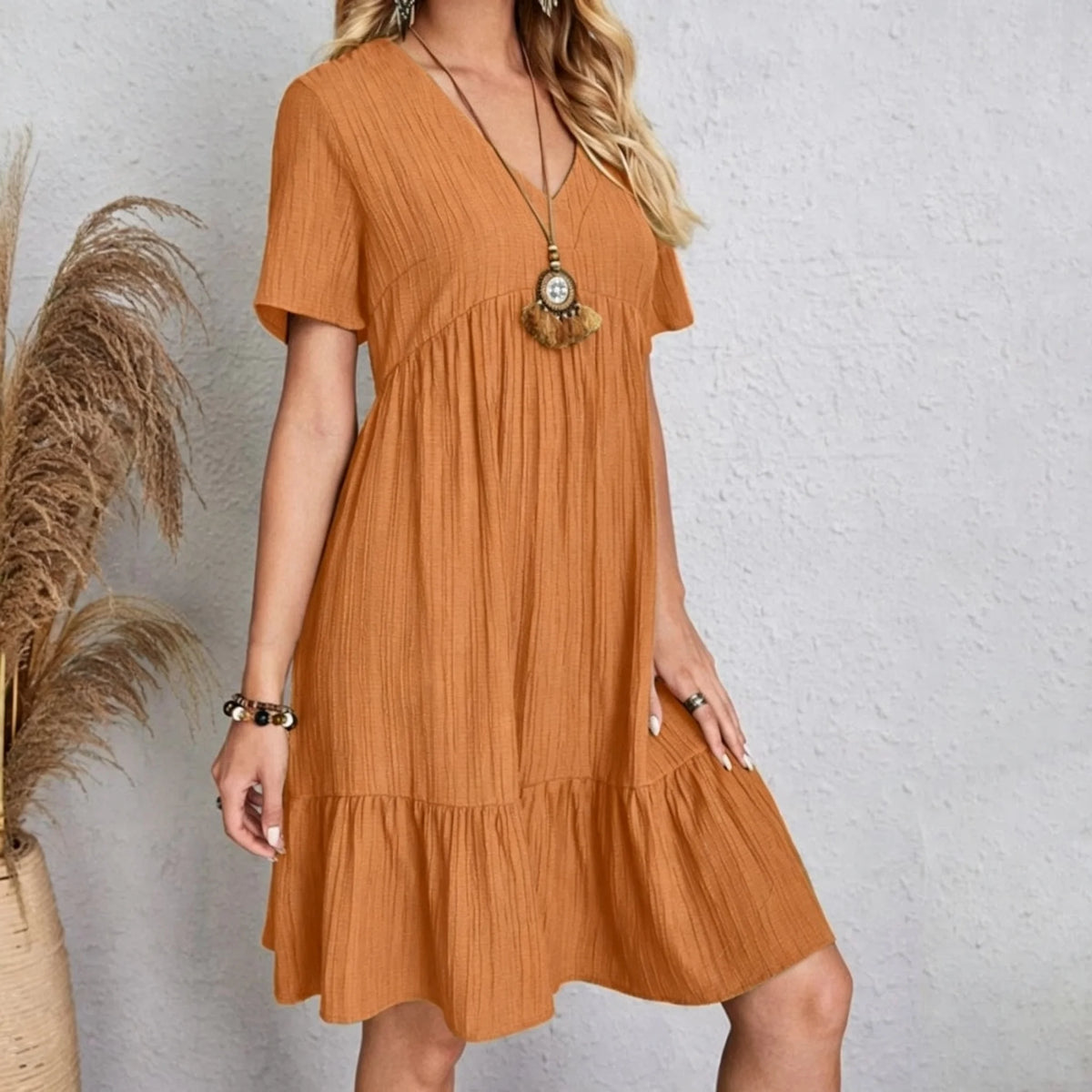 Women Elegant V Neck Ruffles Mini Dress Summer Vintage Solid Loose Sundress Bohemian Casual Solid Beach Party Vestidos