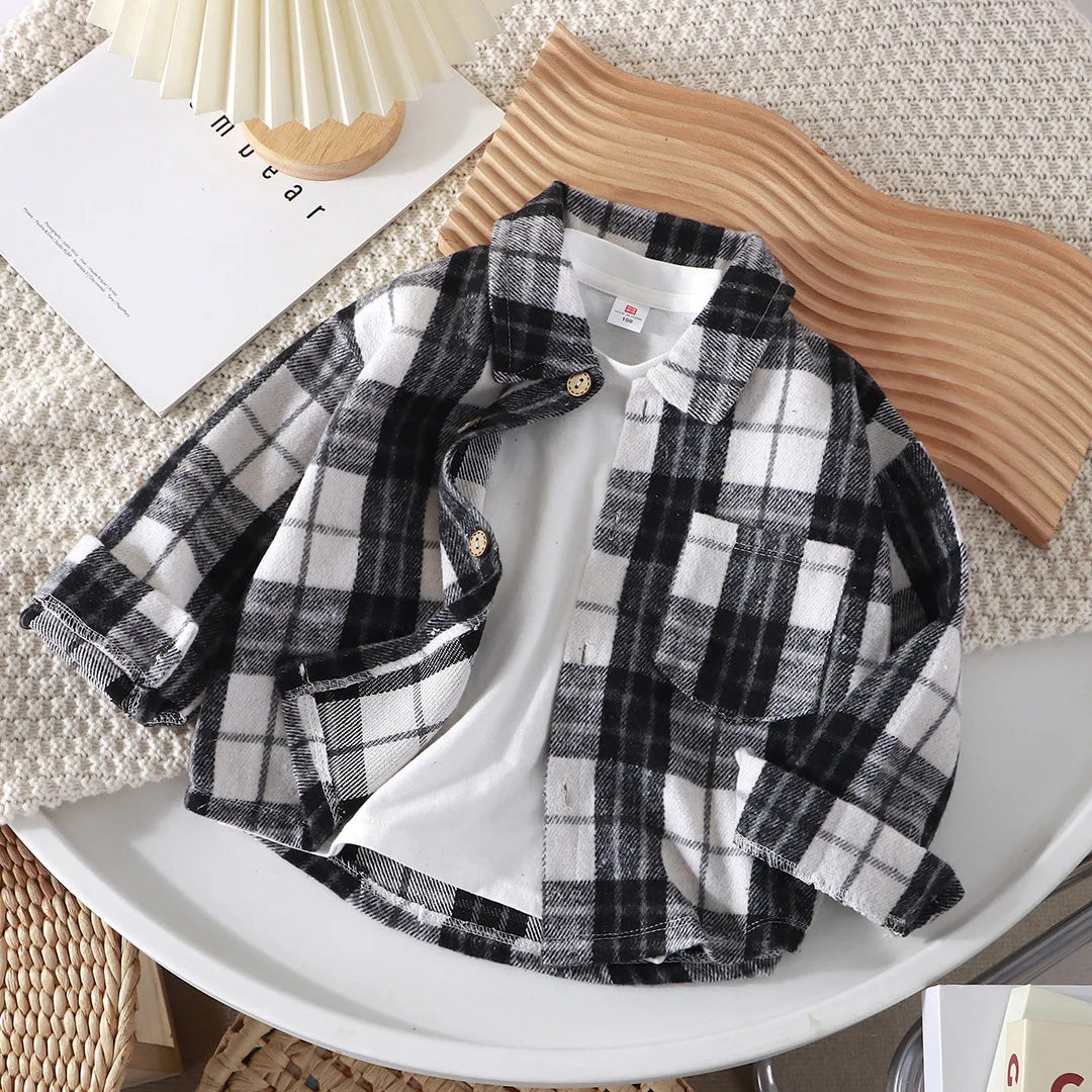 New 2026 Spring Autumn Kids Vintage Long Sleeve Lapel Casual Checked Shirt Tops Boys Classic Plaid Shirts Children's Clothing