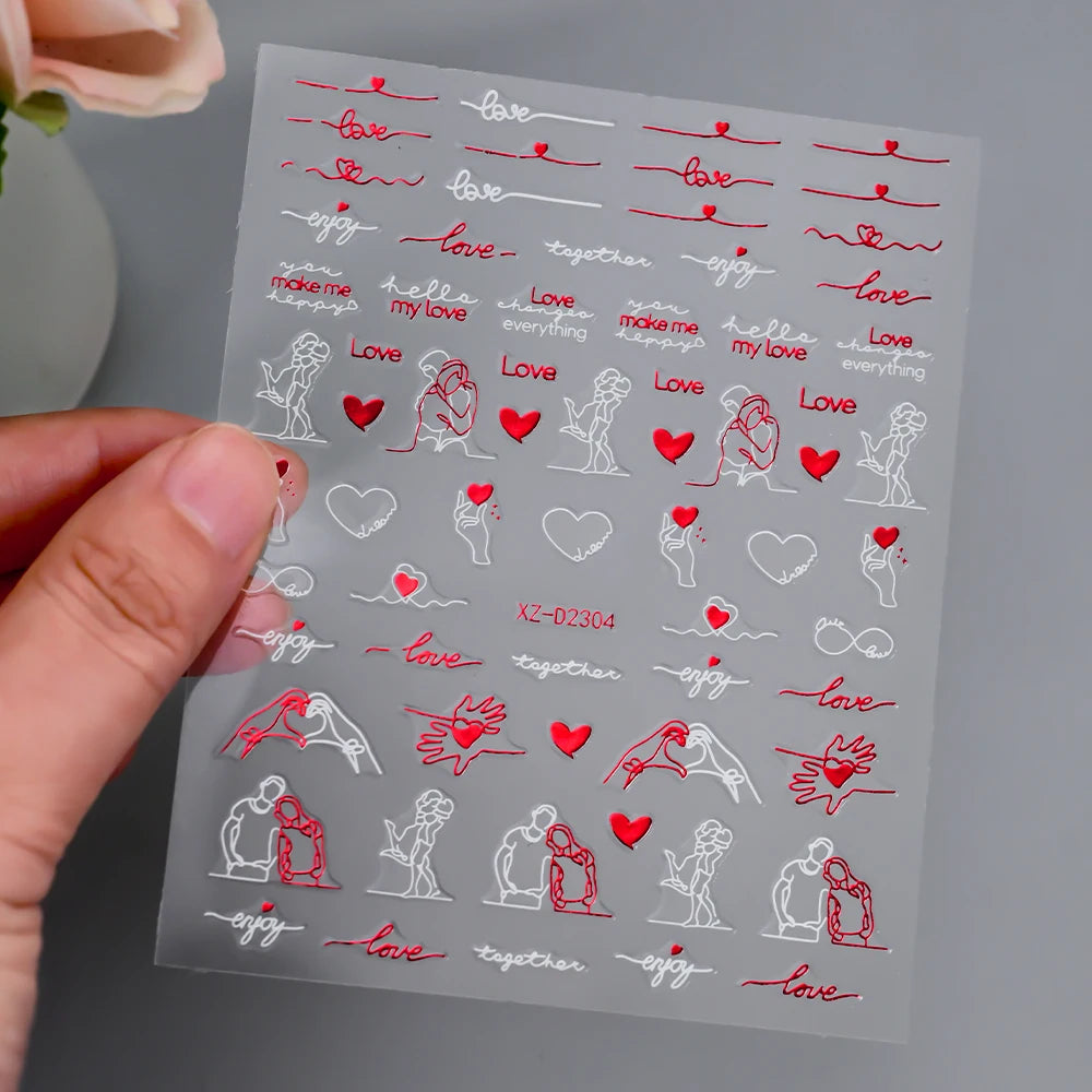 1Pc 3D Red Love Heart Nail Art Stickers Rose Flower Lip Self Adhesive Decals Valentine' Day Nail Sliders For Manicure Decoration