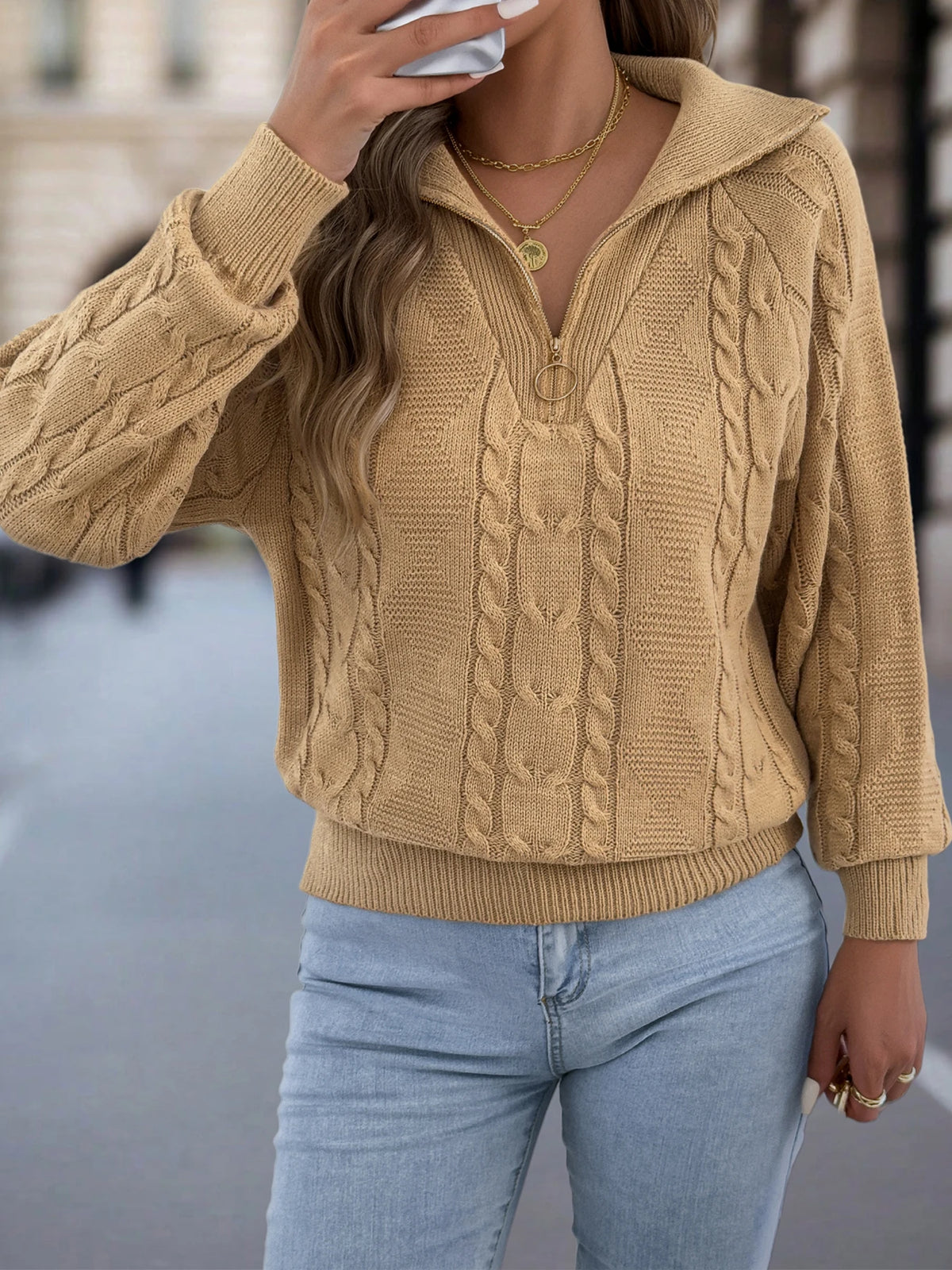 Women's Casual Turn Down Collar Half Zipper Sweaters 2026 Autumn Winter Lantern Long Sleeve Twist Knitted Tops Orange Khaki Red
