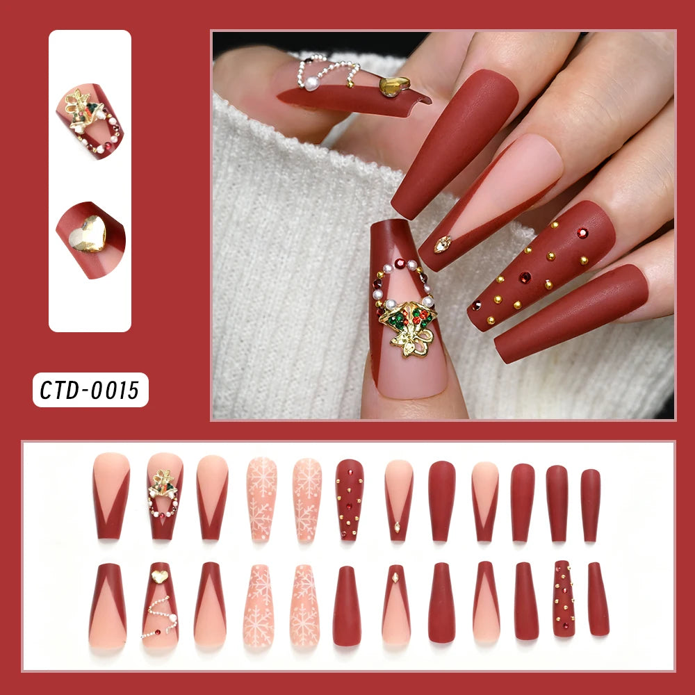 24Pcs Glitter powder French Christmas Fake Nails Almond Full Cover False Nails Snowflake with Bowknot Rhinestone Press On Nails