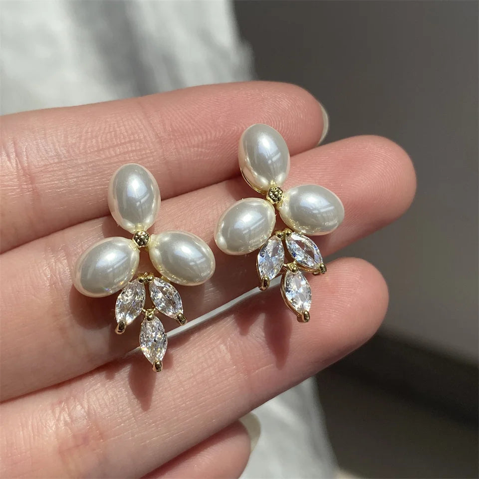 ZAKOL Marquise Oval Imitation Pearl Leaf Stud Earrings for Women Shiny Gorgeous Bridal Wedding Jewelry