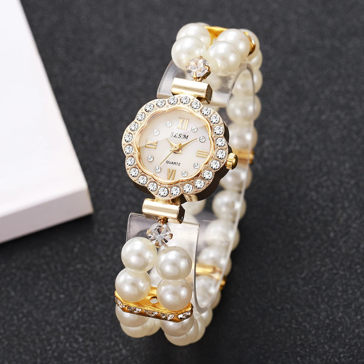 Elegant Pearls Bracelet Strap Women Watches Luxury Rhinestone Flower Dial Quartz Wristwatches Relogio Feminino (Without Box)