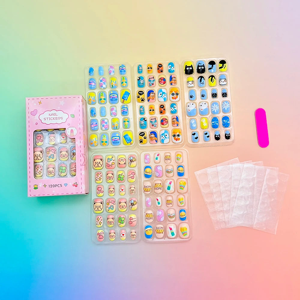 120Pcs Cartoon False Nails for Girls Kawaii Acrylic Short Square Full Cover Fake Nails Tips Kids Press on Nails with Jelly Glue