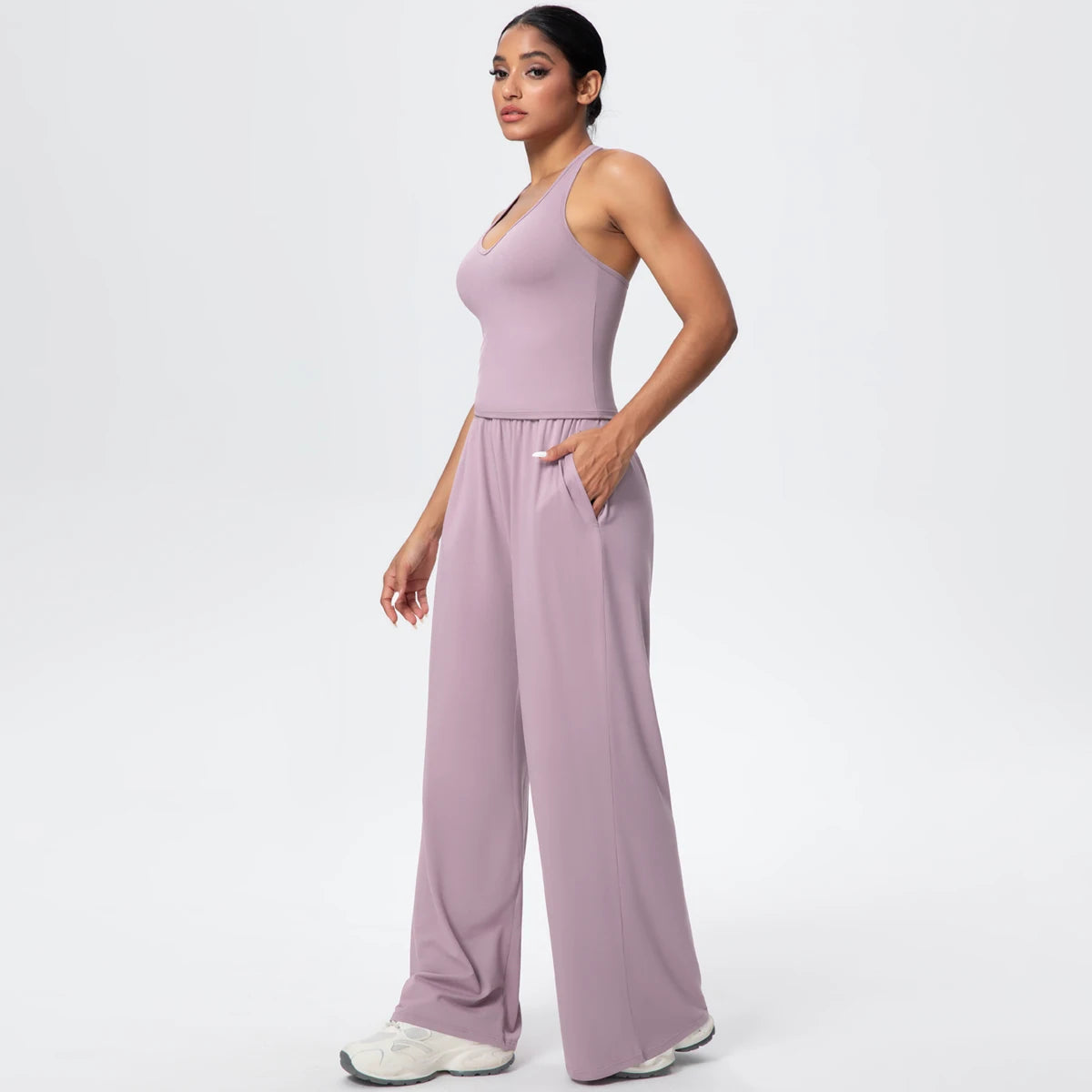 Breathable Loose Wide Leg Pants and Yoga Vest Set Solid Color High Stretch Pockets Pants Beautiful Back T-shaped Vest Yoga Suit