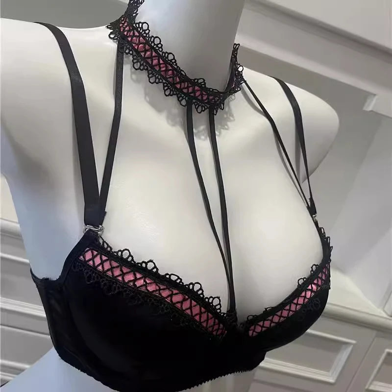 MOYISU Method Pearl Powder Bra Set Lace Halter Neck Design for Small Breasts Big Thick Cup Pure Desire Sexy Underwear for Women