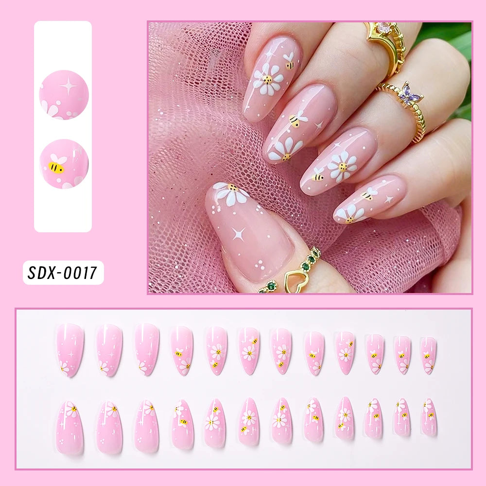24Pcs Gradient Almond French False Nails Spring Flower Design Full Cover Fake Nails Extension Wearable Press on Nails for Women