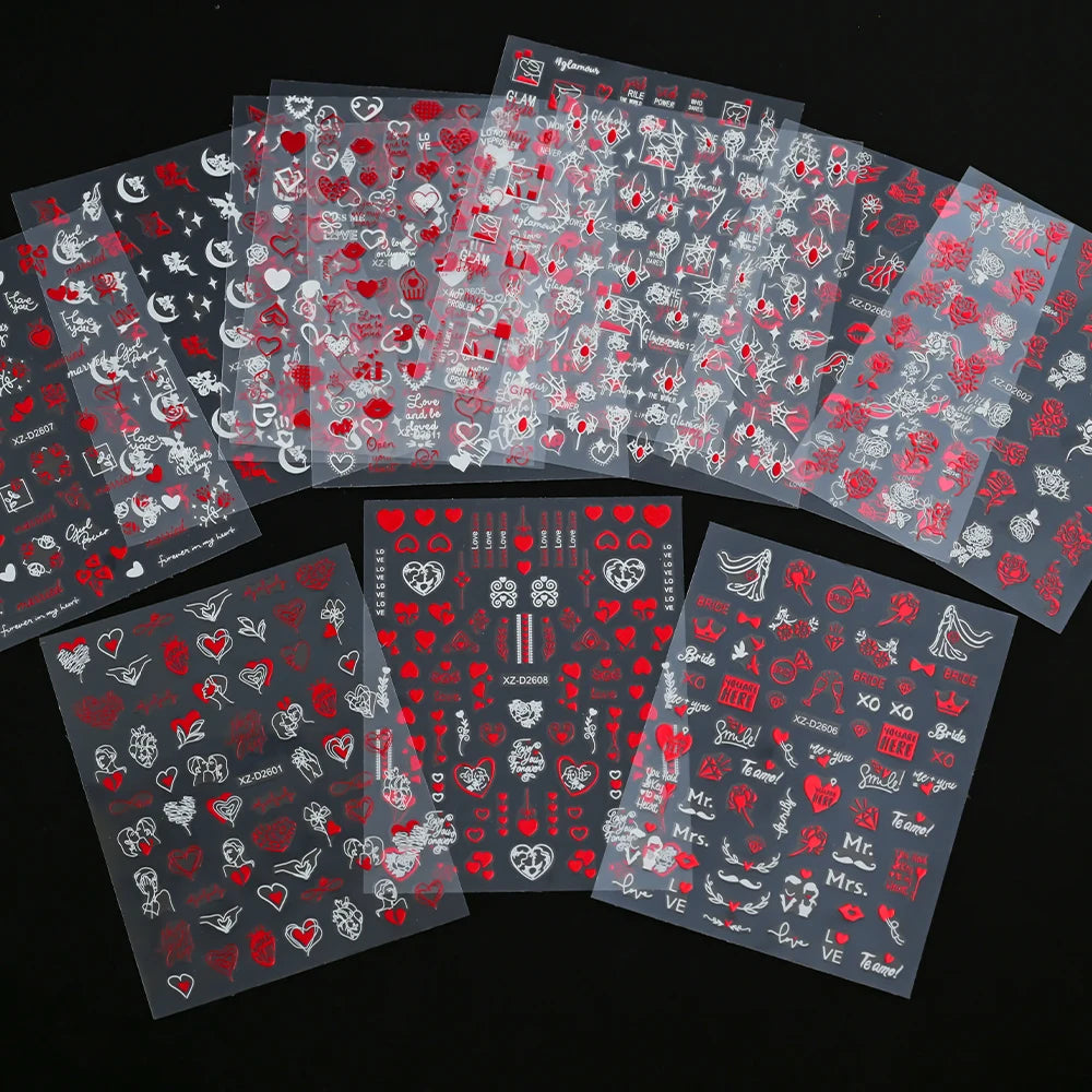 1Pc 3D Red Love Heart Nail Art Stickers Rose Flower Lip Self Adhesive Decals Valentine' Day Nail Sliders For Manicure Decoration