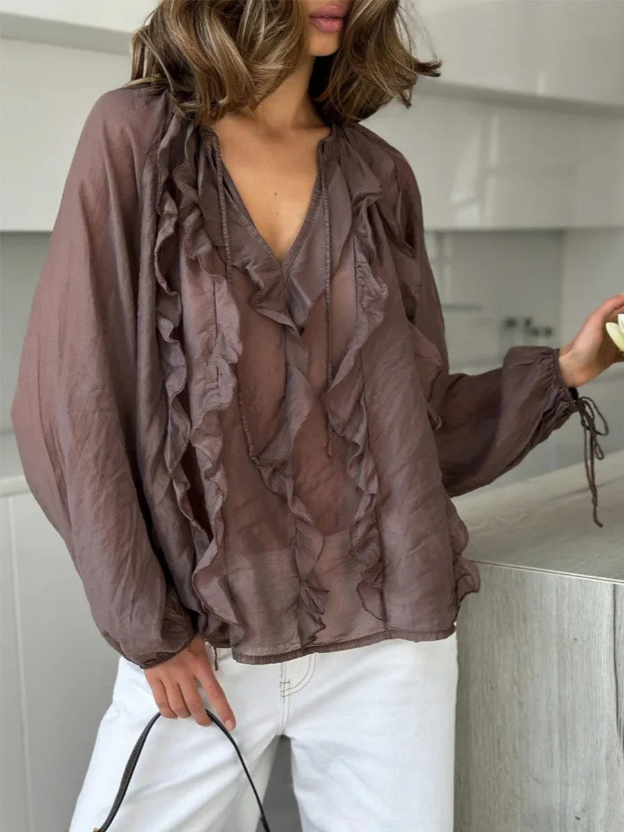 Elegant Ruffles V-Neck See-Through Patchwork Loose Blouses For Women Casual Solid Long Sleeve Female Summer Shirt Blouse Top