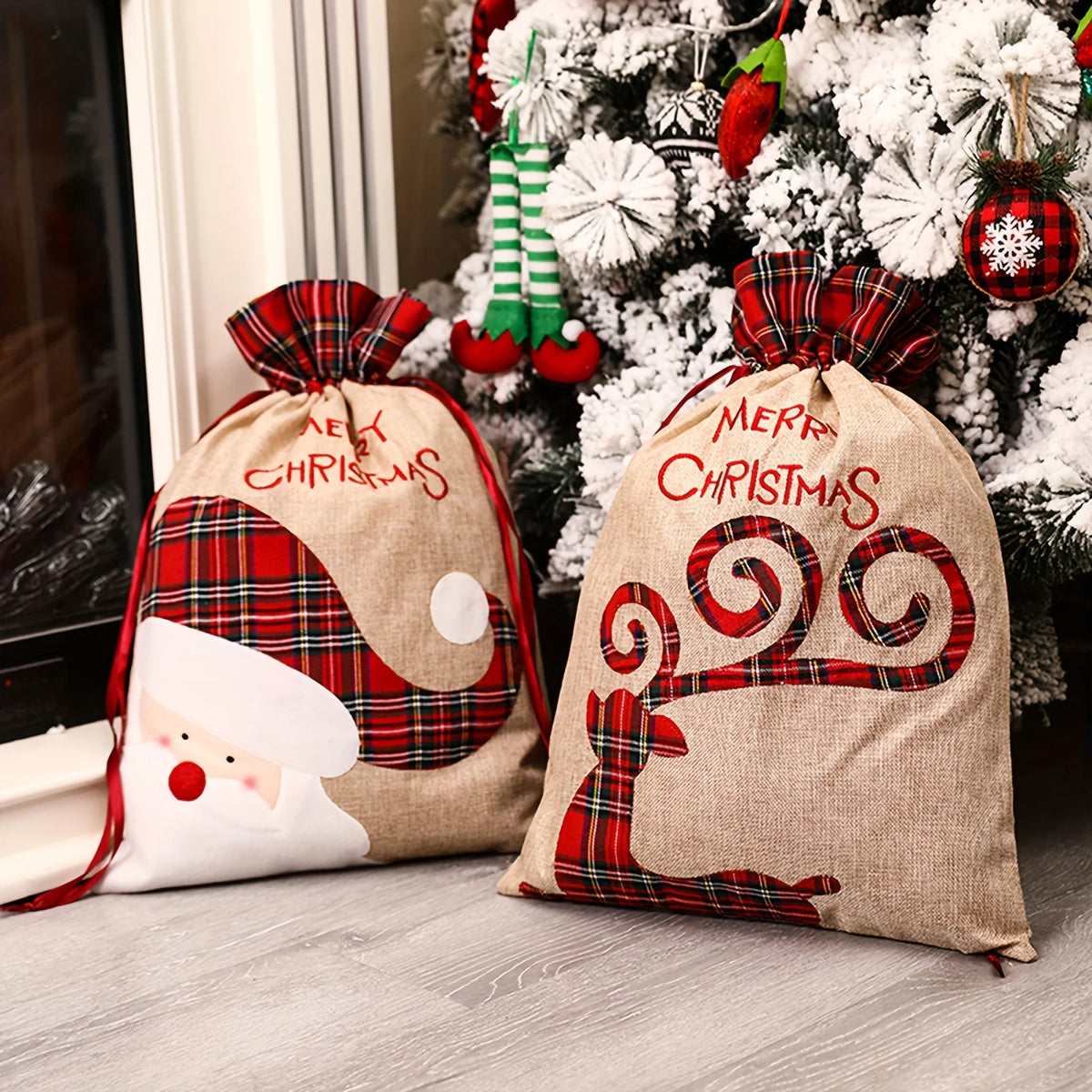 1PC Large Christmas Gift Bag Drawstring Luxury Linen Packing Bag Elf Merry Christmas Accessories Xmas Decorations Goods