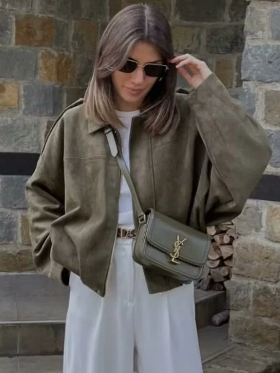 Vintage Suede Texture Bomber Jackets Women's Long Sleeve Loose Coats New Causal Autumn Winter Female Outerwear