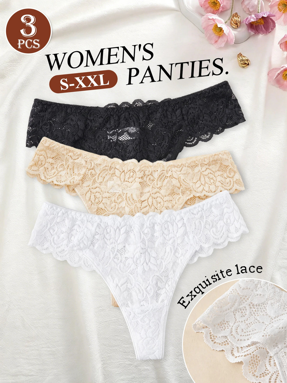 3PCS Women Floral Lace Thong Panties Low Waist Breathable Semi-Sheer G-string Sexy Intimates Underwear S-XXL