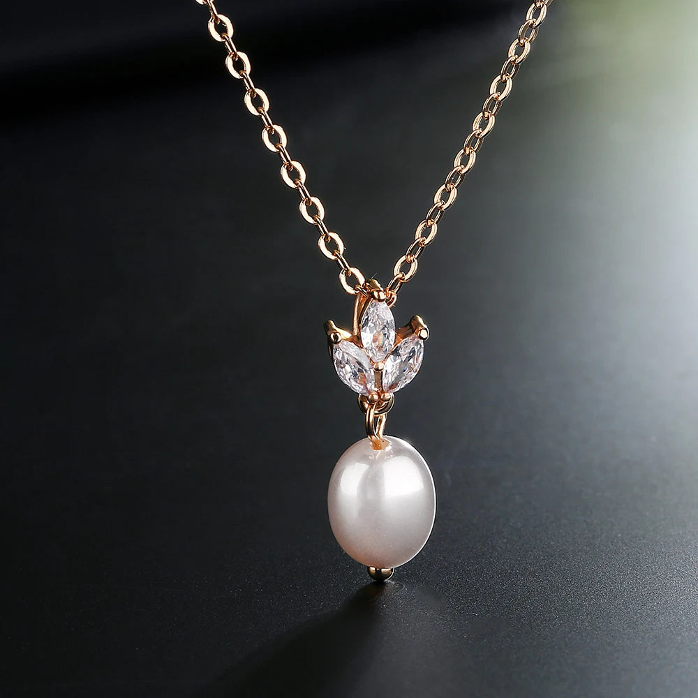 ZAKOL Fashion Leaf Shiny Zircon Pearl Drop Earring Necklaces Jewelry Sets for Women Charming Wedding Jewelry Gift