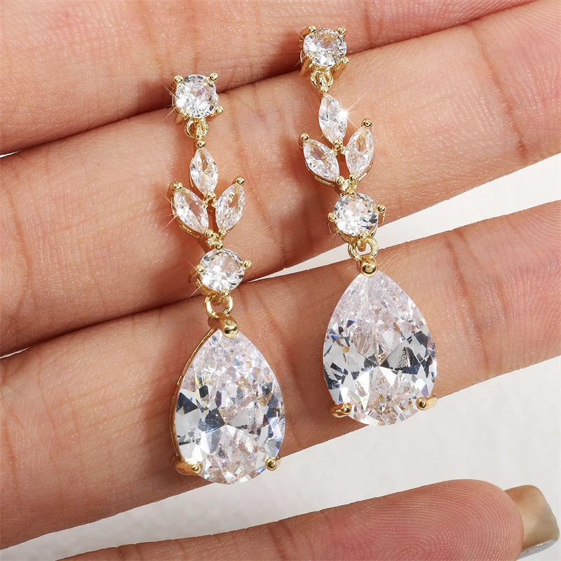 ZAKOL Fashion Trendy Water Drop AAA Cubic Zircon Leaf Dangle Earrings Shining Clear CZ Elegant Bridal Earring Jewelry