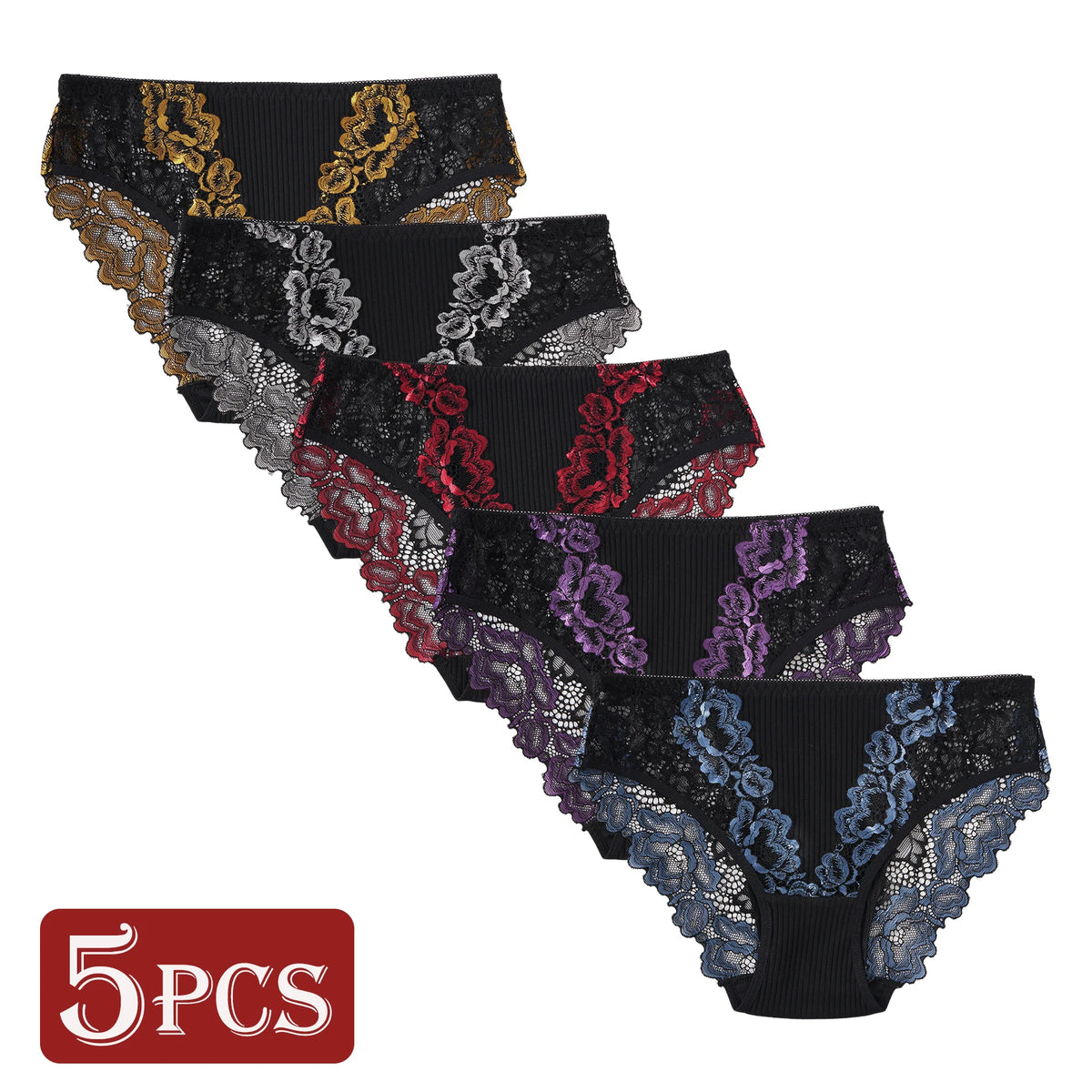 5PCS New Contrast Lace Panties Women Striped Cotton Breathable Underwear Elegant Lace Floral Sexy Briefs Mid-Rise Lingerie