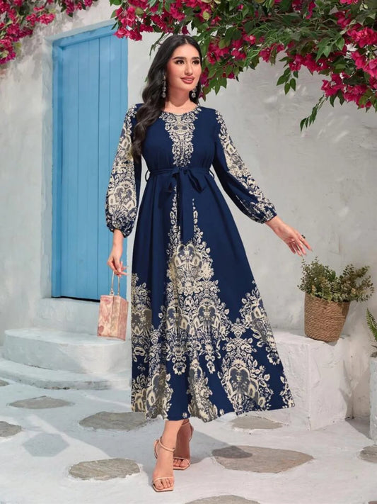New arrival  Lady Elegant Classic Print Waist Belt Dress Long Dress