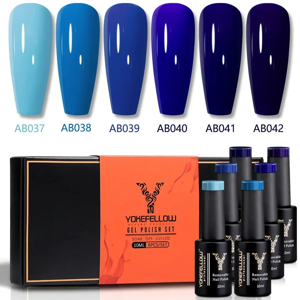 YOKEFELLOW 6Set Blue Gel Nail Polish Sky Blue Glitter Gel Nail Vernis Semi Permanent Soak Off UV Manicure Gift for Girls Women