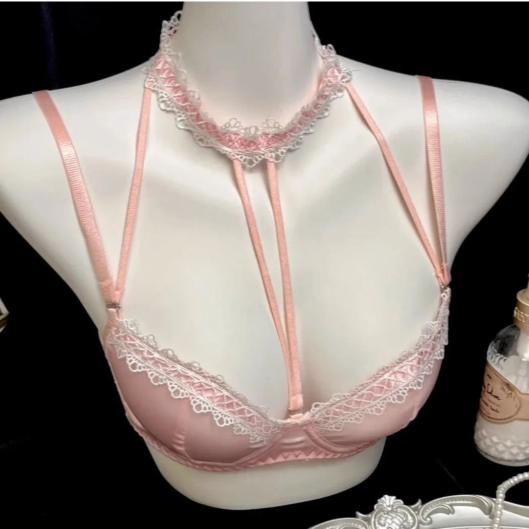 MOYISU Method Pearl Powder Bra Set Lace Halter Neck Design for Small Breasts Big Thick Cup Pure Desire Sexy Underwear for Women