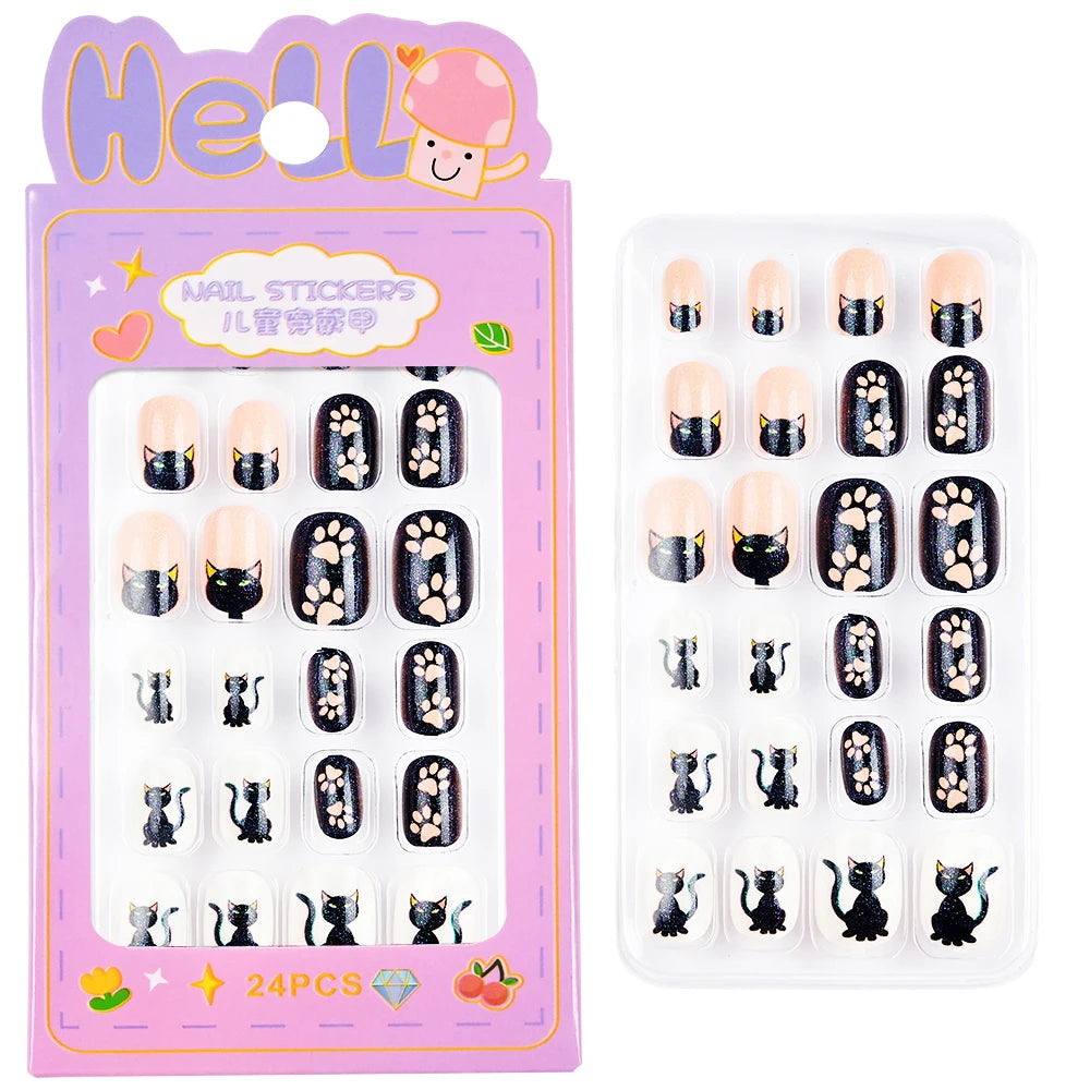 24Pcs/Box Cartoon Heart Bow Rainbow Design Kid Fake Nails Tips Cute False Nail Girls Press on Nails Full Cover Short Fingernails