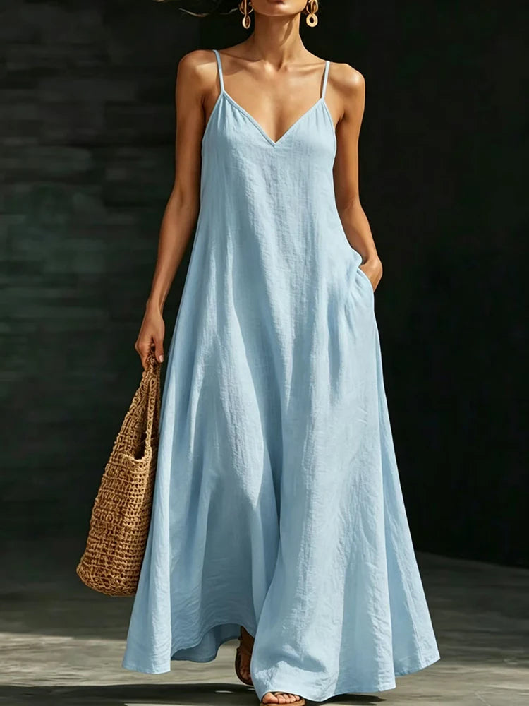 Women Linen Spaghetti Strap Maxi Dress V Neck Loose Swing Long Dress With Pockets Casual Summer Beach Vacation Sundress Ladies
