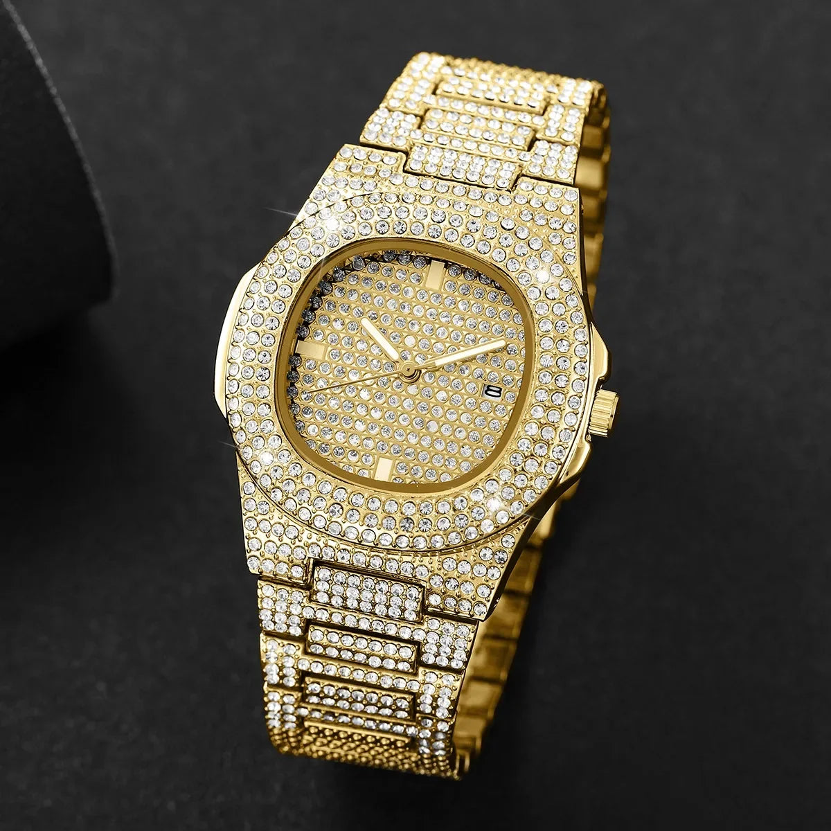 3PCS Iced Out Full Diamond Men Watch Cuban Chain Necklace Bracelet Set Hip Hop Quartz Wristwatch Accessories Relogio Masculino