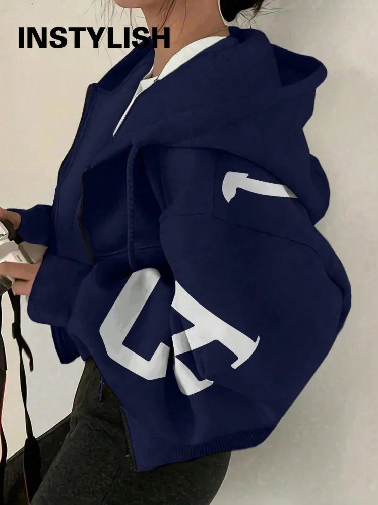 Women Y2K Crop Zip Up Hoodie Letter Print Oversized Long Sleeve Hooded Sweatshirt Casual Streetwear Short Jacket Outerwear