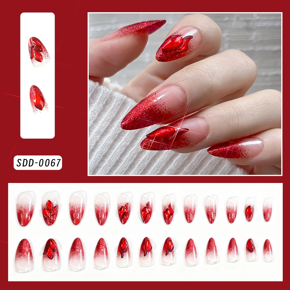24Pcs Gradient Almond French False Nails Spring Flower Design Full Cover Fake Nails Extension Wearable Press on Nails for Women