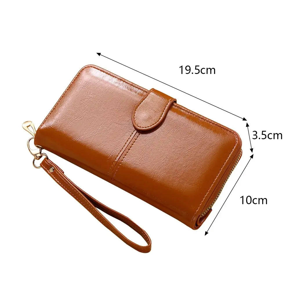 Vintage Oil Wax PU Leather Clutch Wallet for Women Large Capacity Phone Purse with Wrist Strap Simple Card Holder Pouch Bag