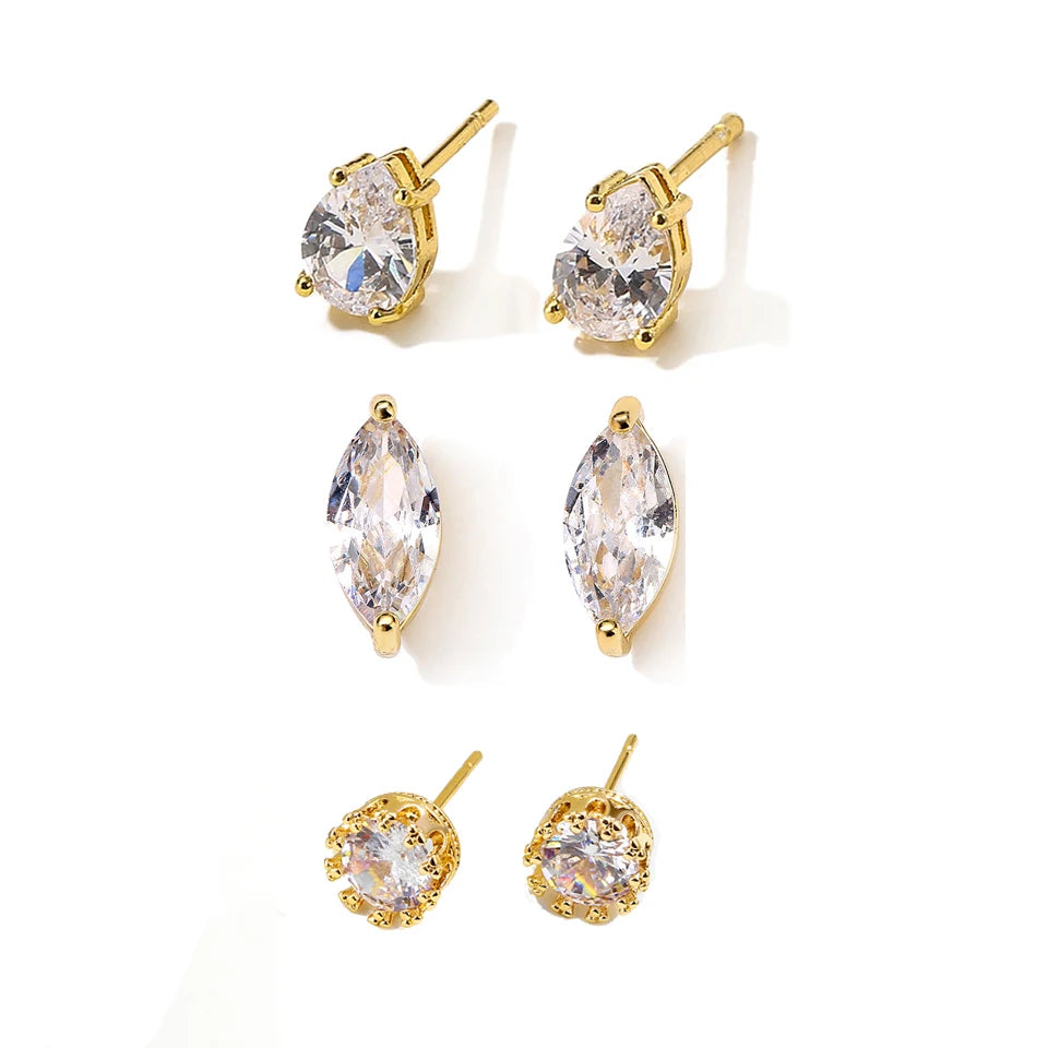 ZAKOL 6pcs/set Sliver Gold Color Shiny Clear Zircon Stud Earrings Water Drop Marquise Round CZ Ear Accessories for Women Girls