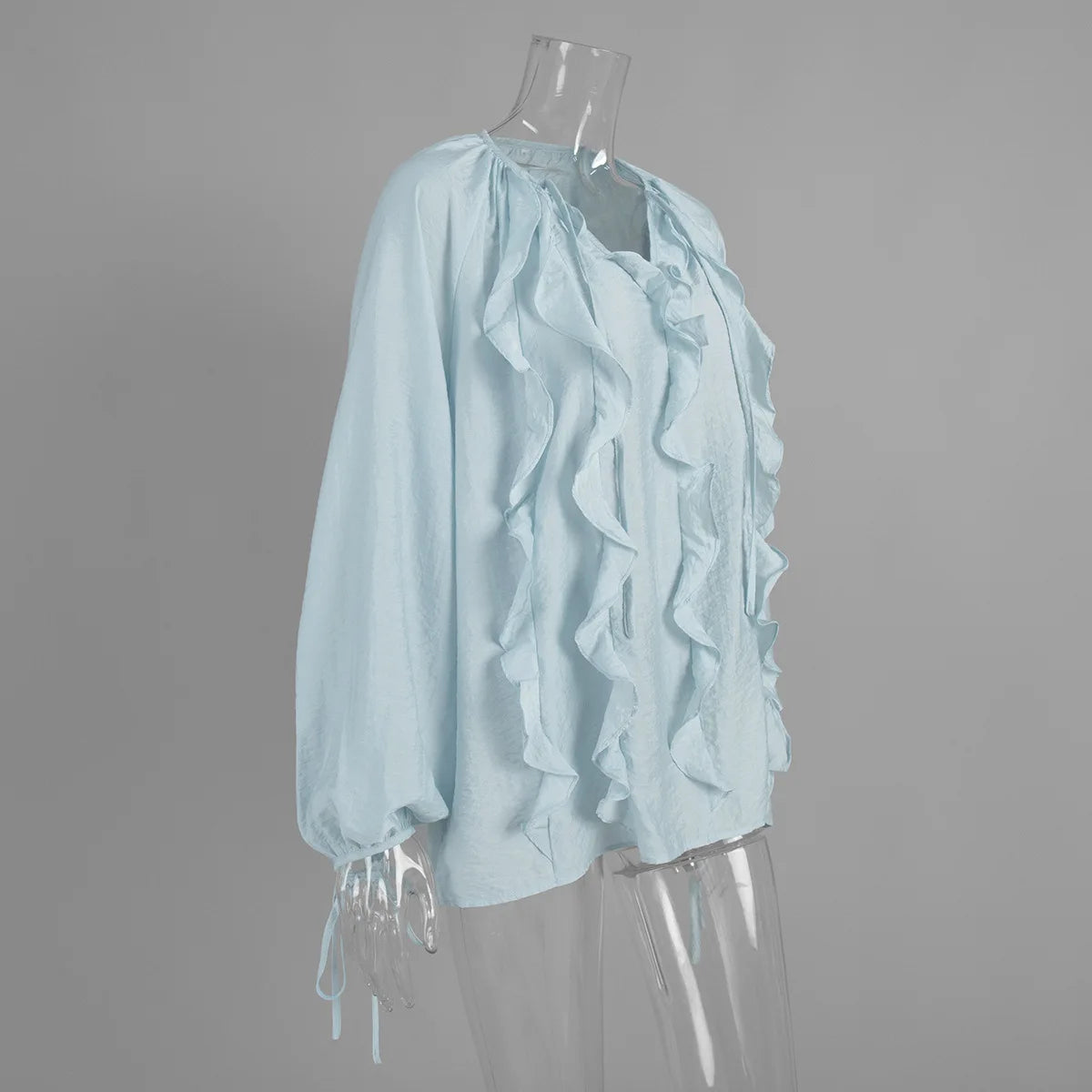 Elegant Ruffles V-Neck See-Through Patchwork Loose Blouses For Women Casual Solid Long Sleeve Female Summer Shirt Blouse Top
