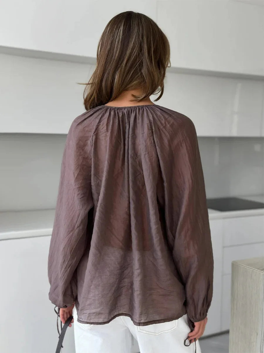 Elegant Ruffles V-Neck See-Through Patchwork Loose Blouses For Women Casual Solid Long Sleeve Female Summer Shirt Blouse Top
