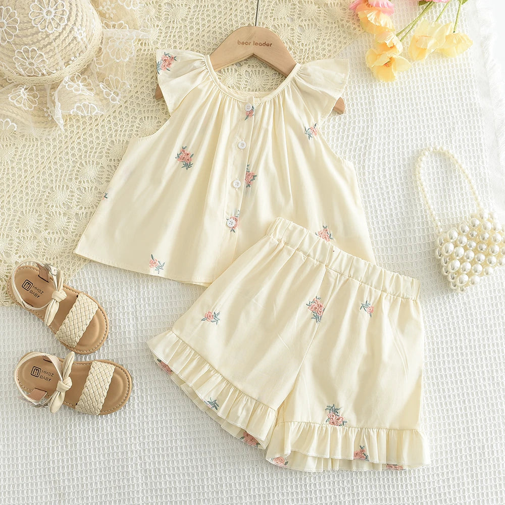 Girls' Summer Fashion Set Children's Flower Print Flying Sleeve Top+Shorts Two Piece Cute Little Girl Refreshing Set