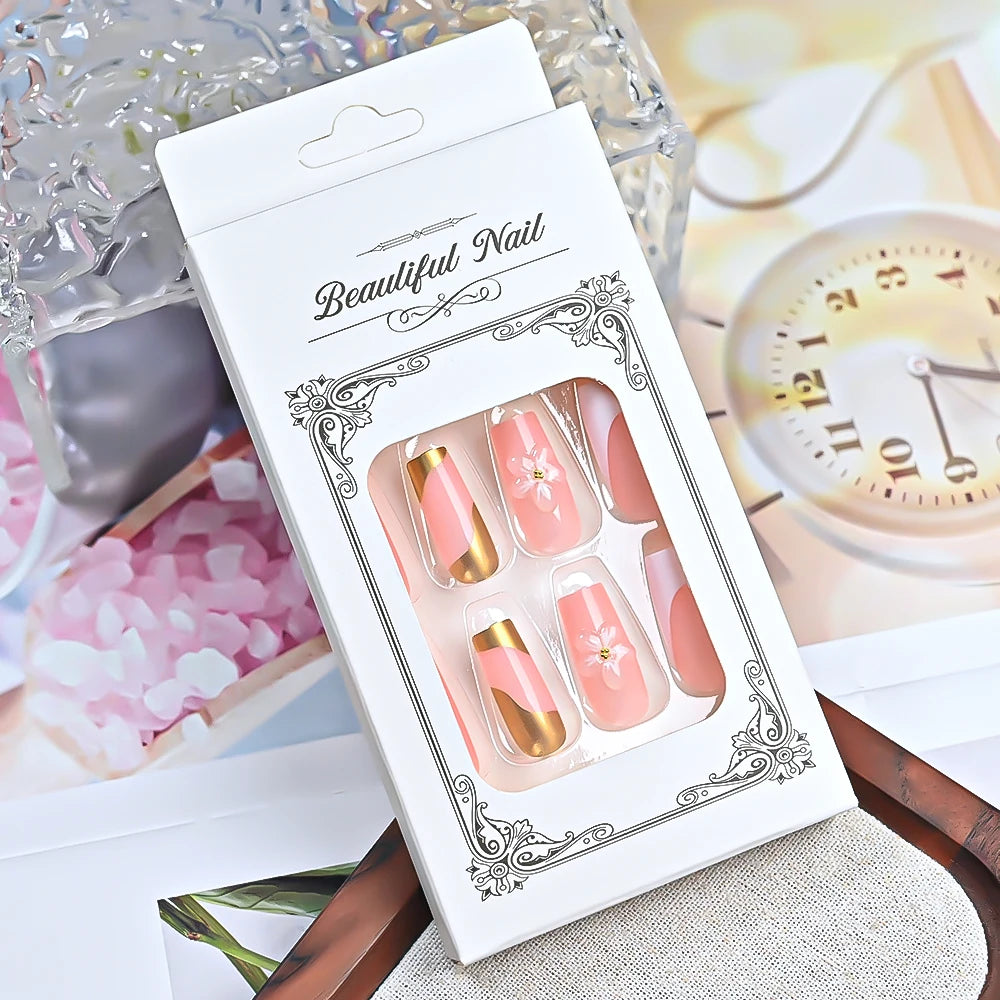 24Pcs Sweet Medium Square French False Nails Blush Pink Flower Full Cover Fake Nails Extension Acrylic Wearable Press on Nails
