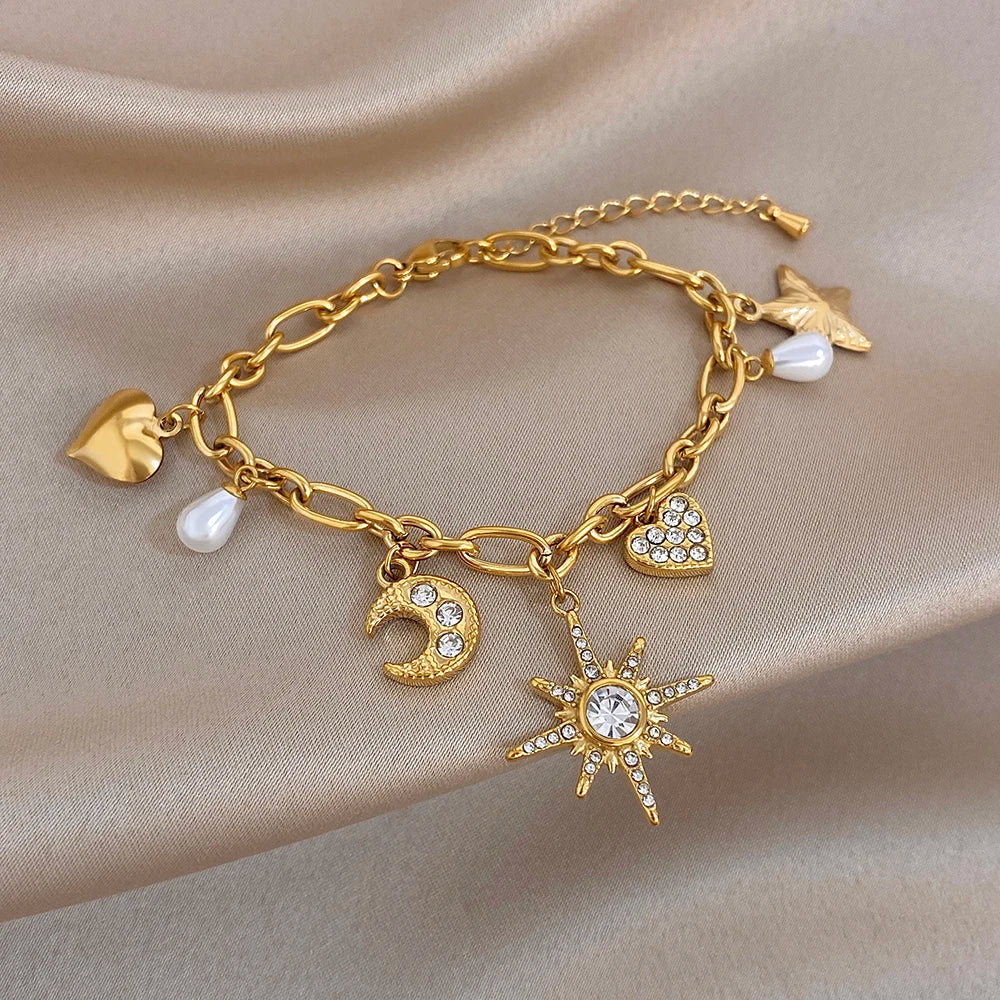 Flashbuy New Trendy Chic Gold Plated Stainless Steel Bracelet Statement Moon Heart Star Charm Sun Pendant Wrist Fashion Jewelry