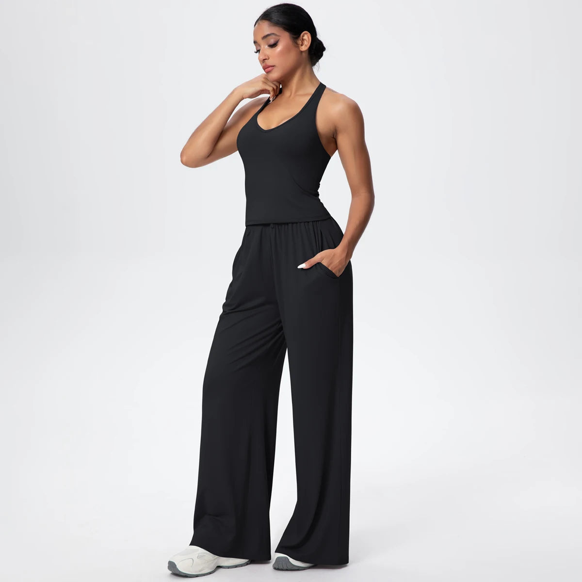 Breathable Loose Wide Leg Pants and Yoga Vest Set Solid Color High Stretch Pockets Pants Beautiful Back T-shaped Vest Yoga Suit