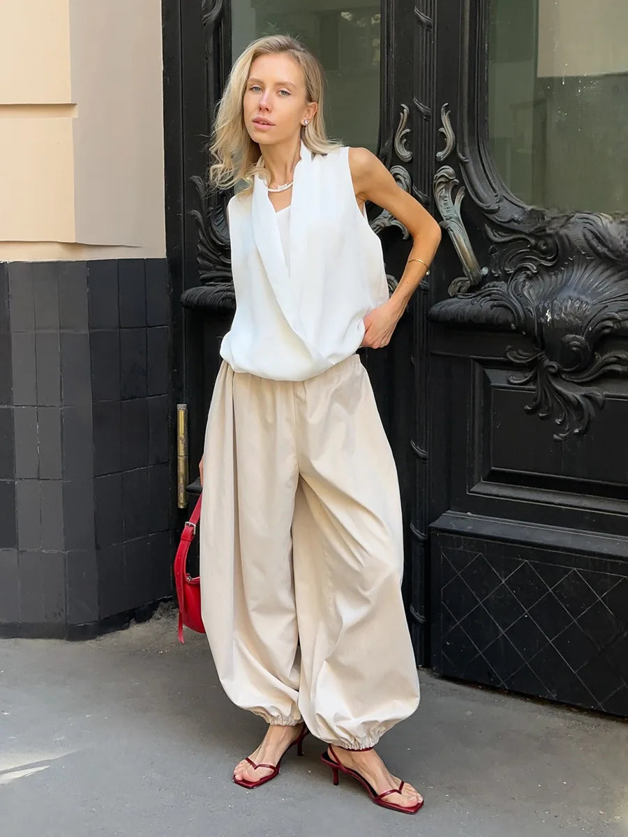 Y2k Fashion Pocket Bloomers Female Trousers Wide Leg Women Pants Pleated Loose High Waist Patchwork Bandage Streetwear